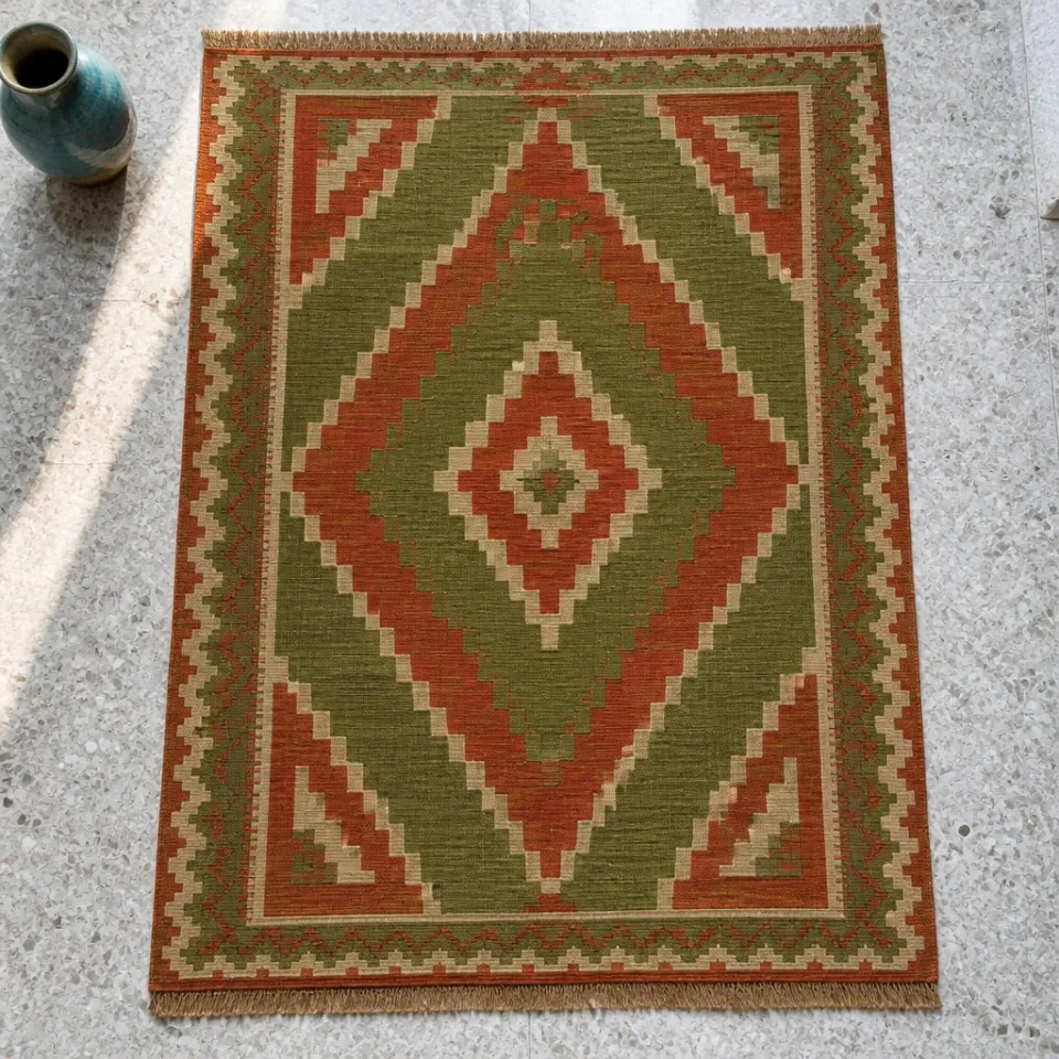 Zeytin yeşili ve pas renkli basamaklı motifli sumak kilim