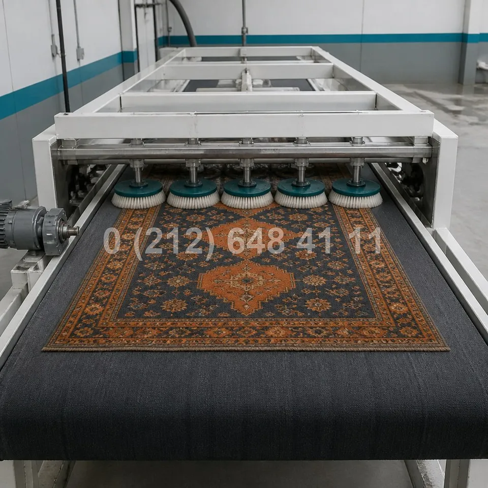 Aksaray halı yıkama: Safran ve çivit mavisi köy halısı, atölyemizdeki yıkama makinesinin bandında ilk fırçanın altına girerken