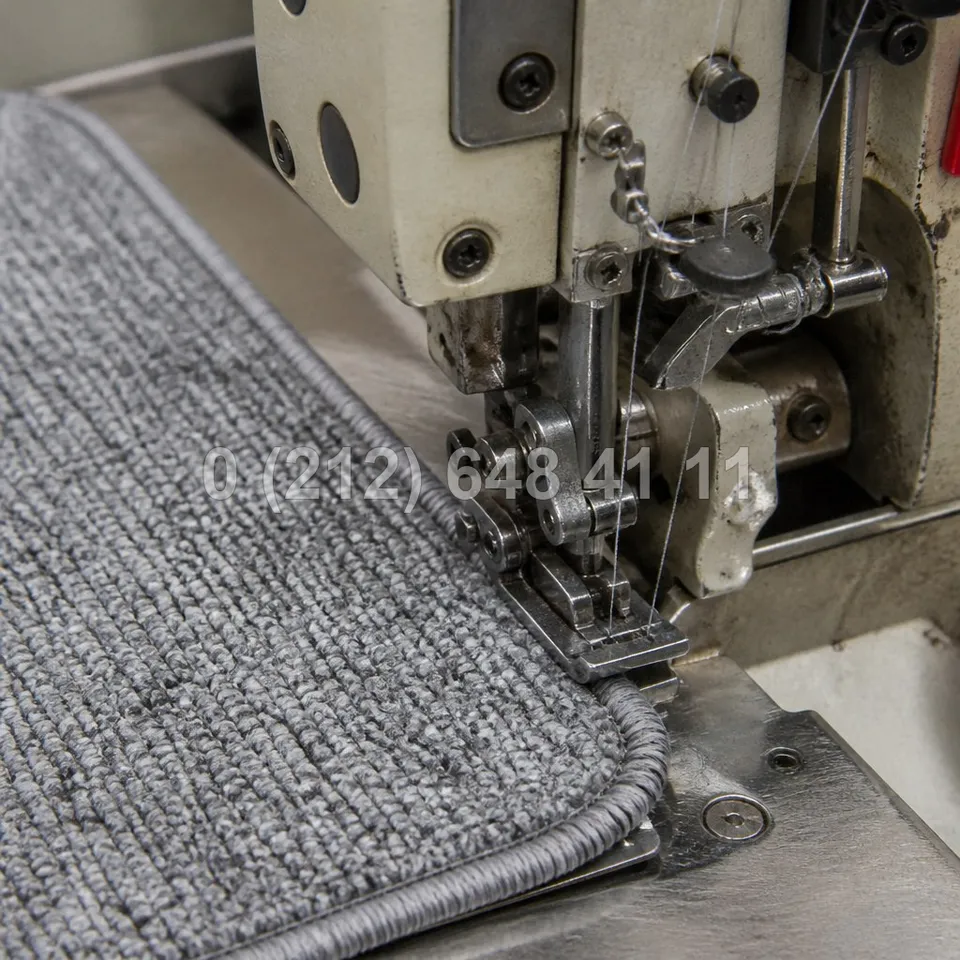 Sanayi tipi halı kenar makinesi gri halının kenarına overlok çekiyor