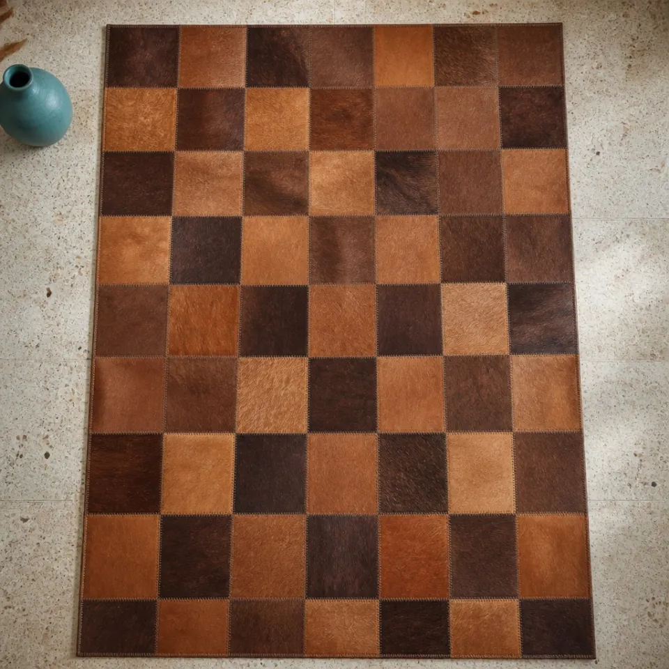 Taba ve çikolata kahvesi deri karelerden dikilmiş patchwork deri halı