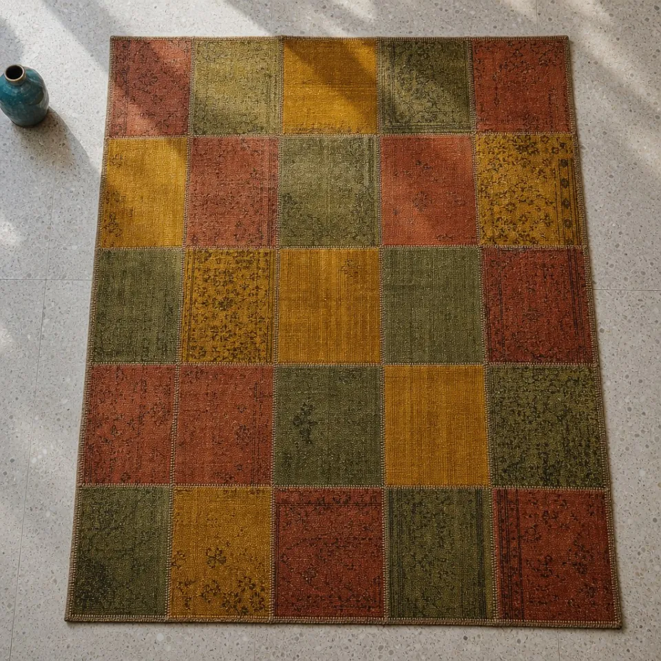 Hardal, zeytin yeşili ve kiremit renkli kareli patchwork halı