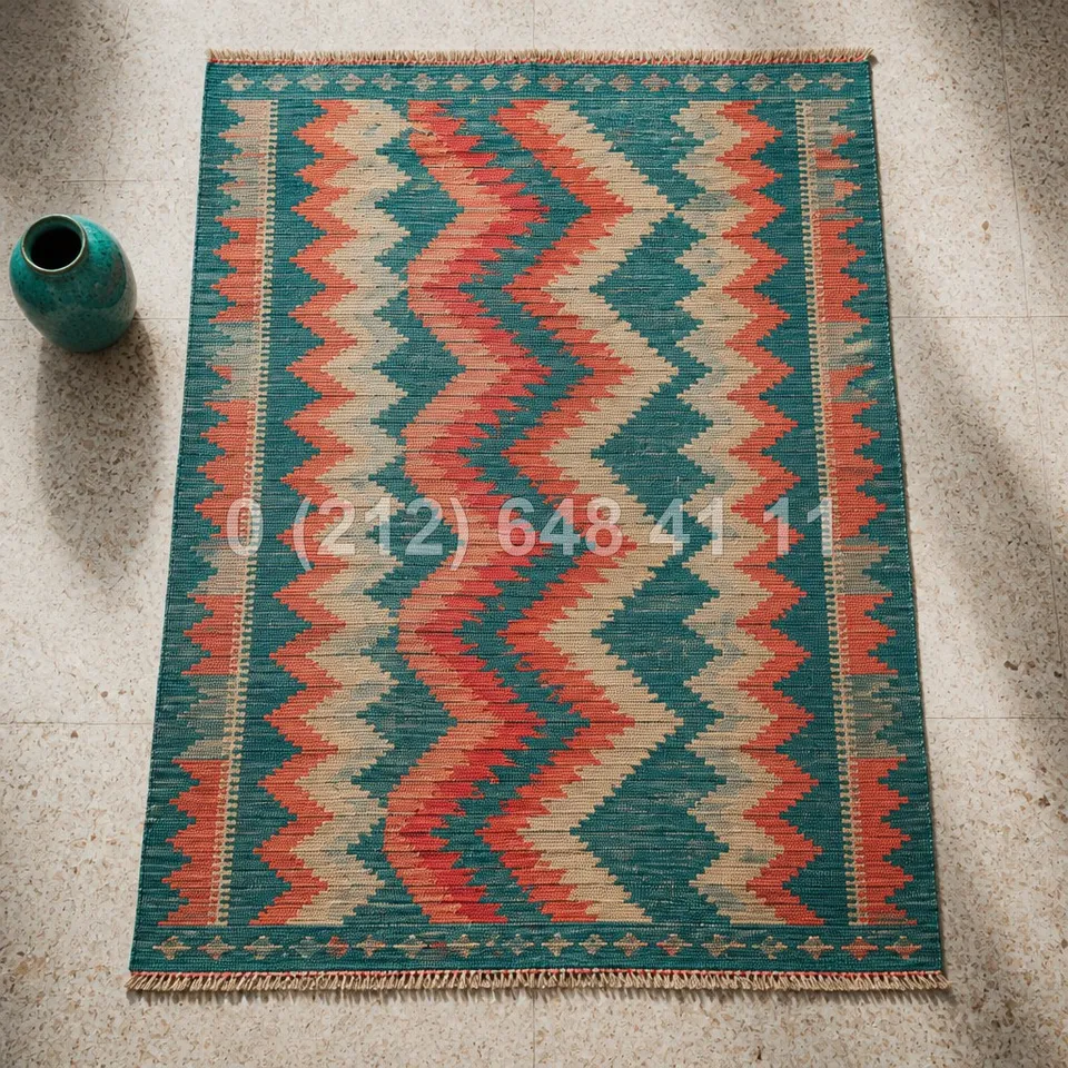 Su yeşili ve mercan zikzaklı modern kilim