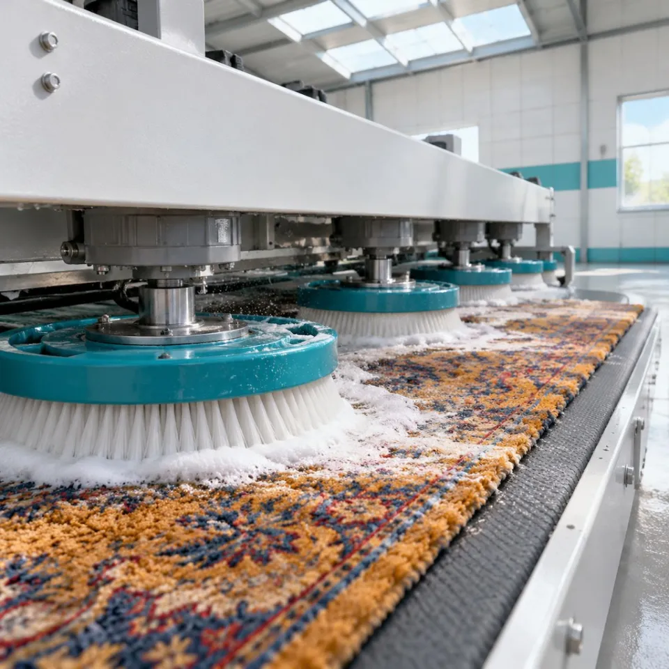 Yıkama makinesinin su yeşili kenarlı fırçası safran ve çivit mavisi halının havını köpükle temizliyor